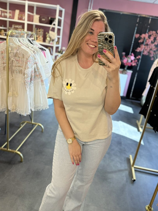 T shirt beige met een bloem opdruk