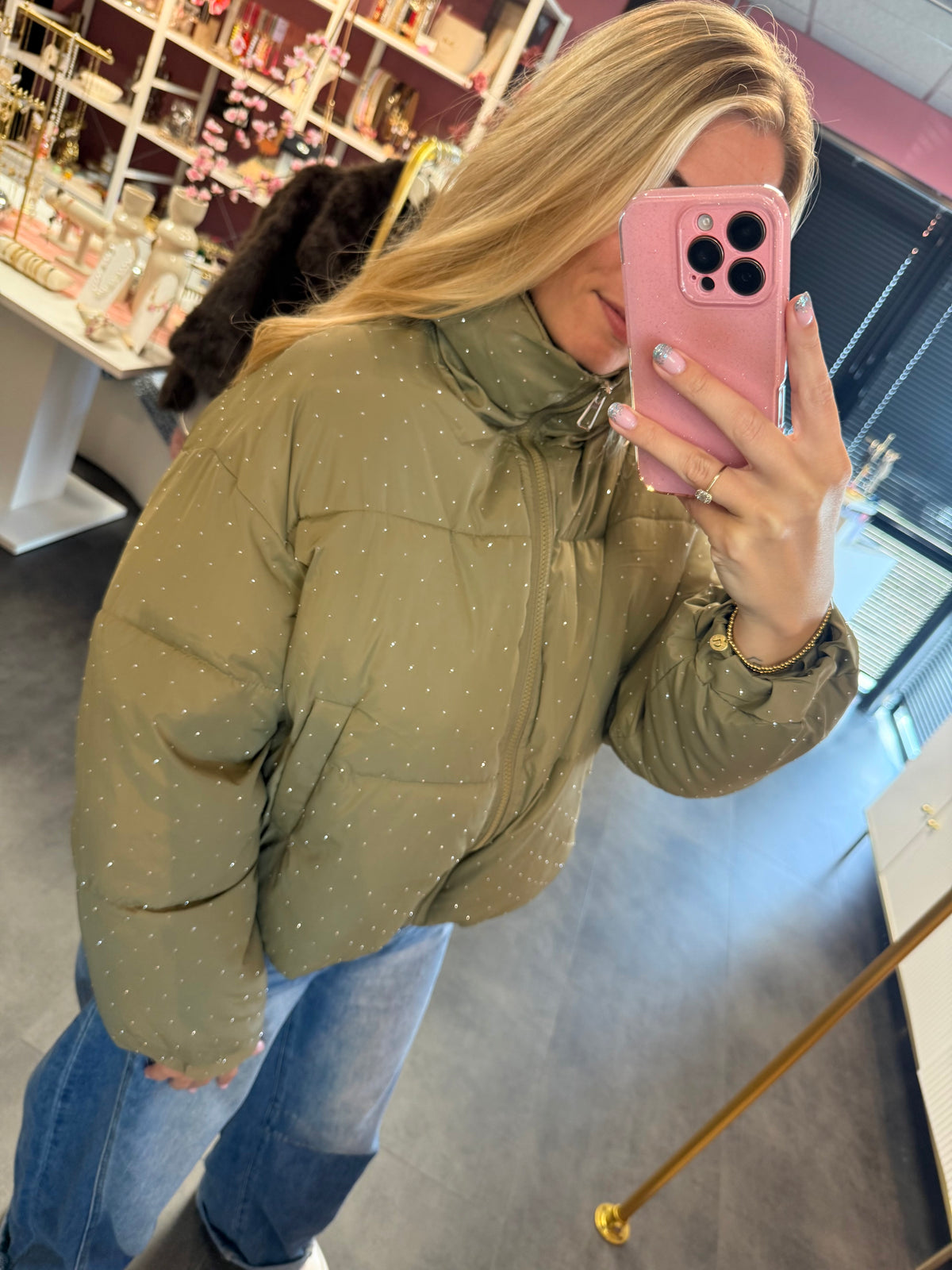 Sparkle puffer jas groen