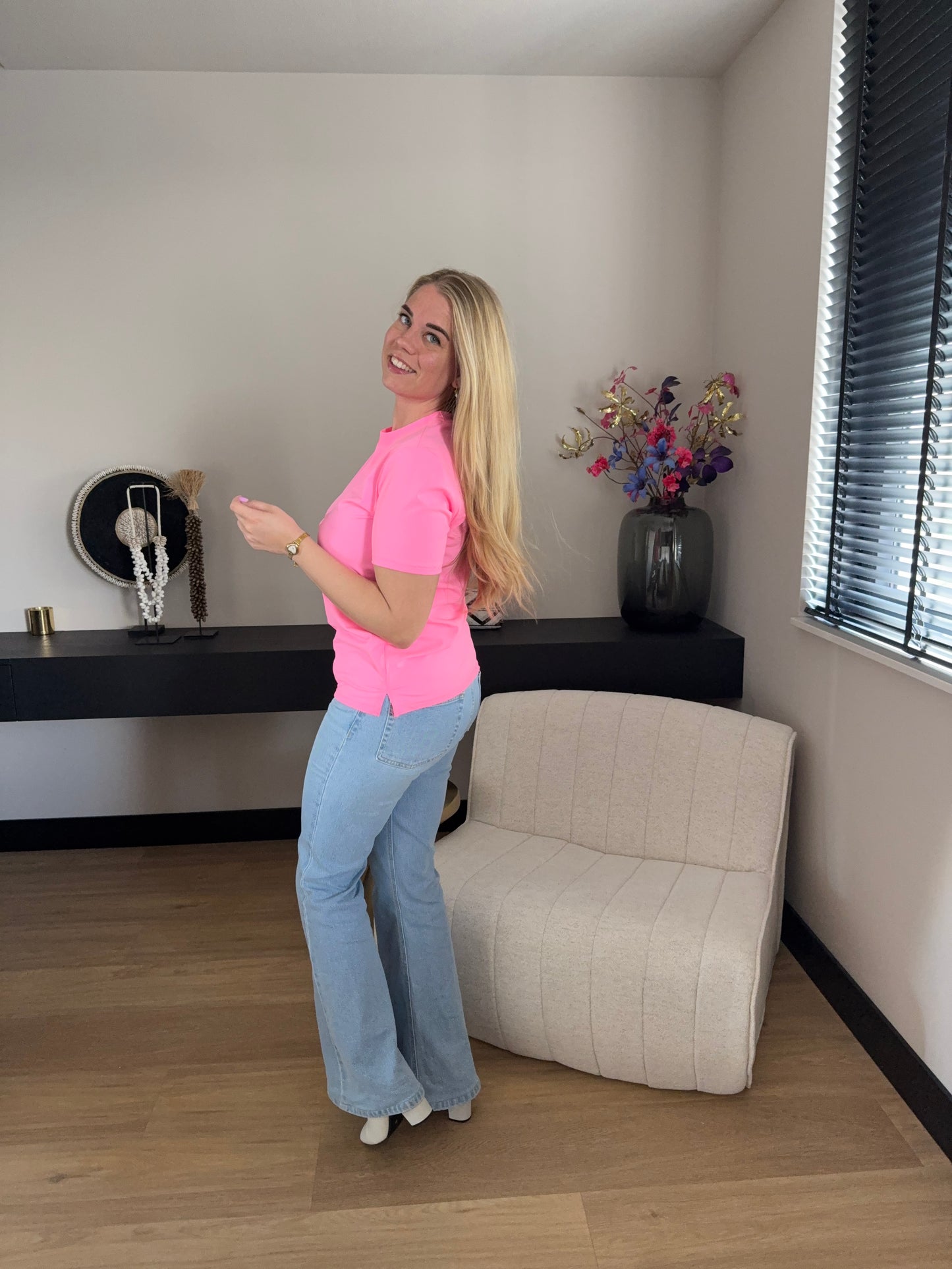 T-shirt fel roze travelstof