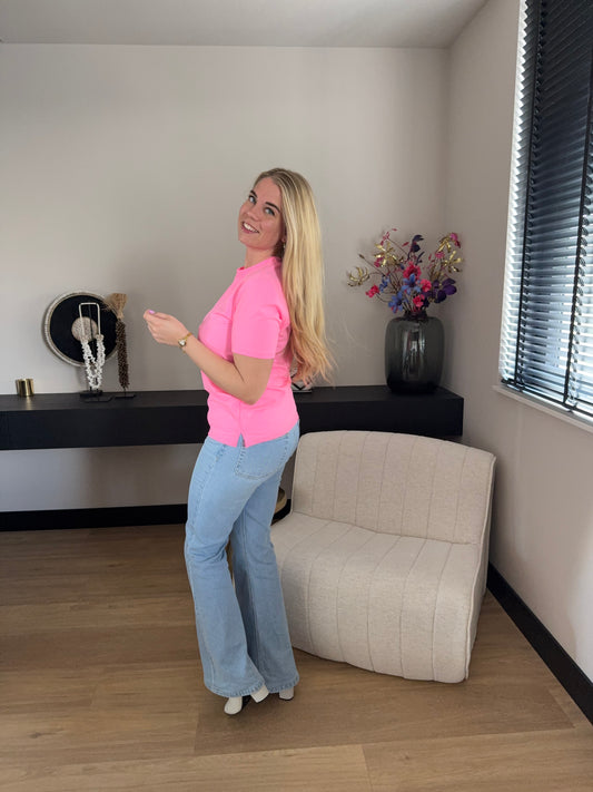 T-shirt fel roze travelstof
