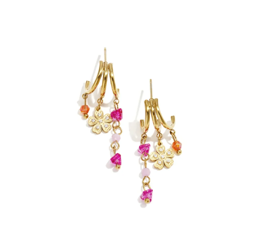 Oorbellen - Stainless steel goud met bloem en roze