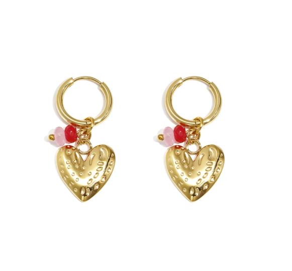 Oorbellen - Stainless steel goud met gouden hart en kralen