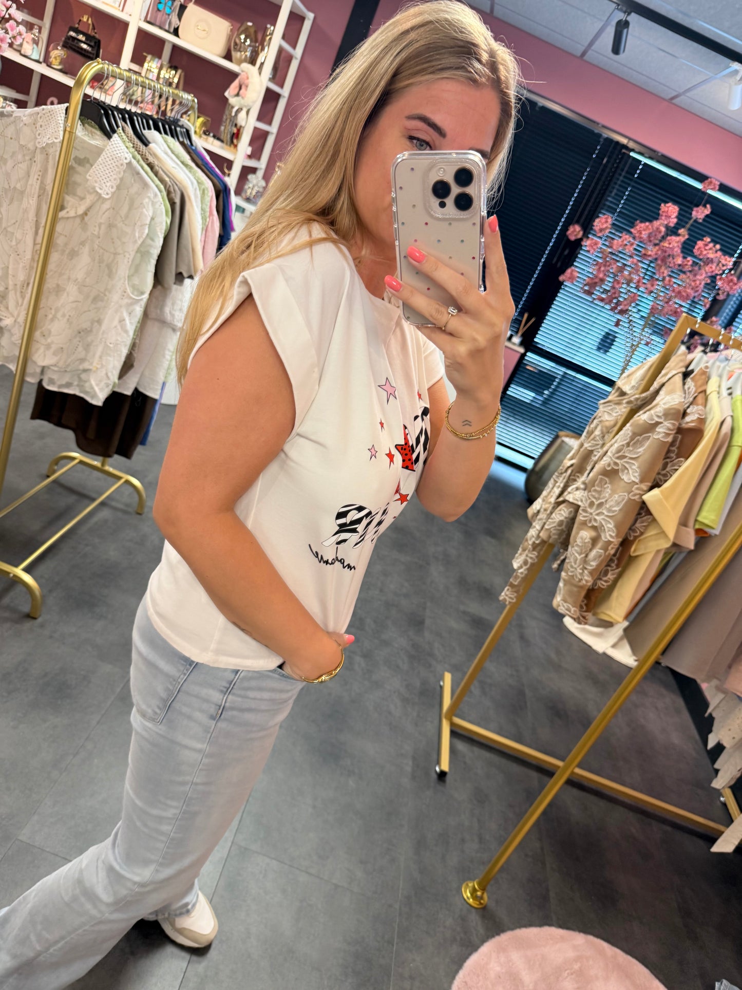 Wit shirt met print Bonjour madame