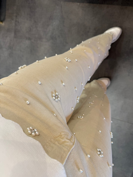 Beige jeans met parels