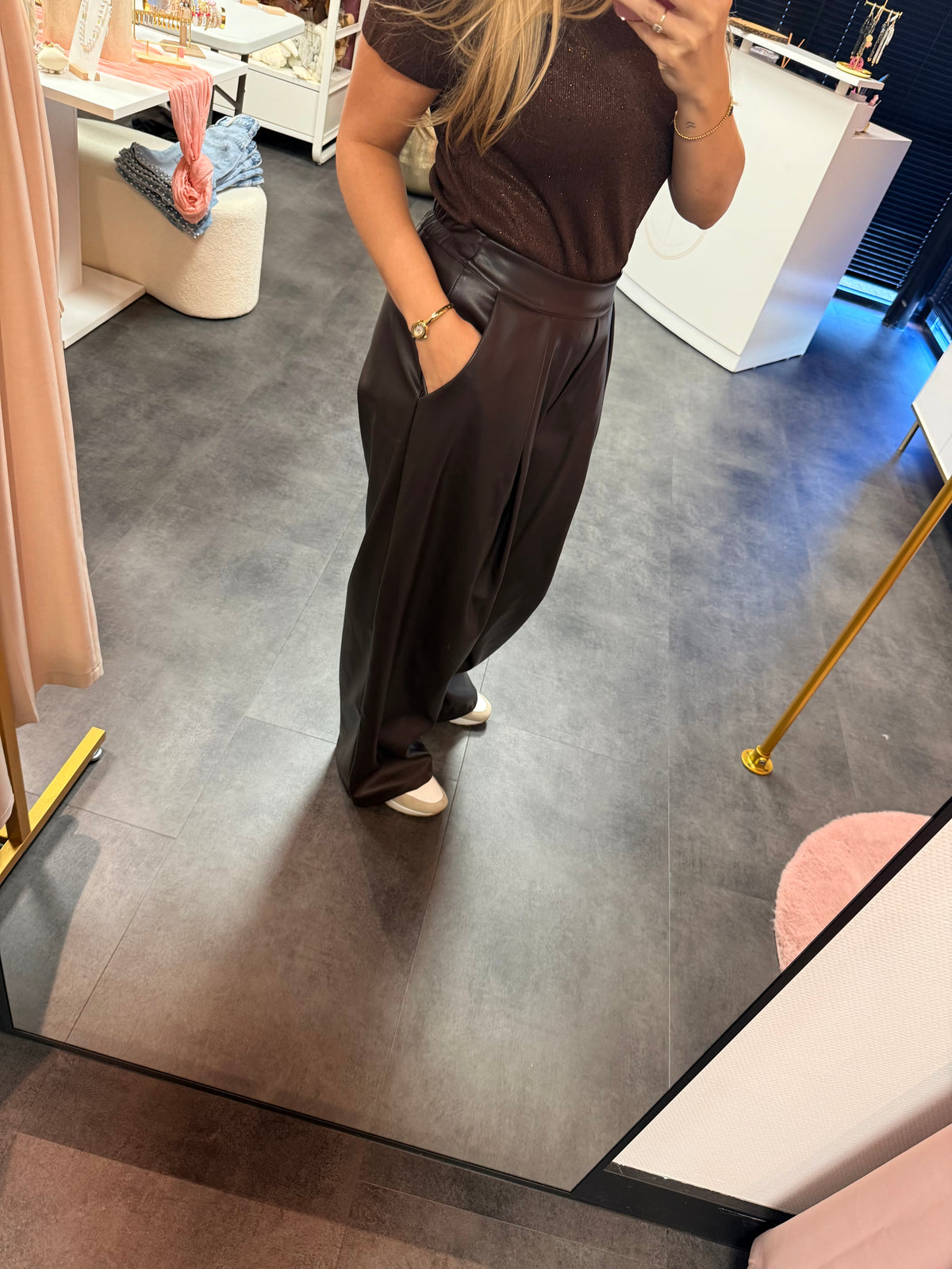 Leatherlook broek bruin