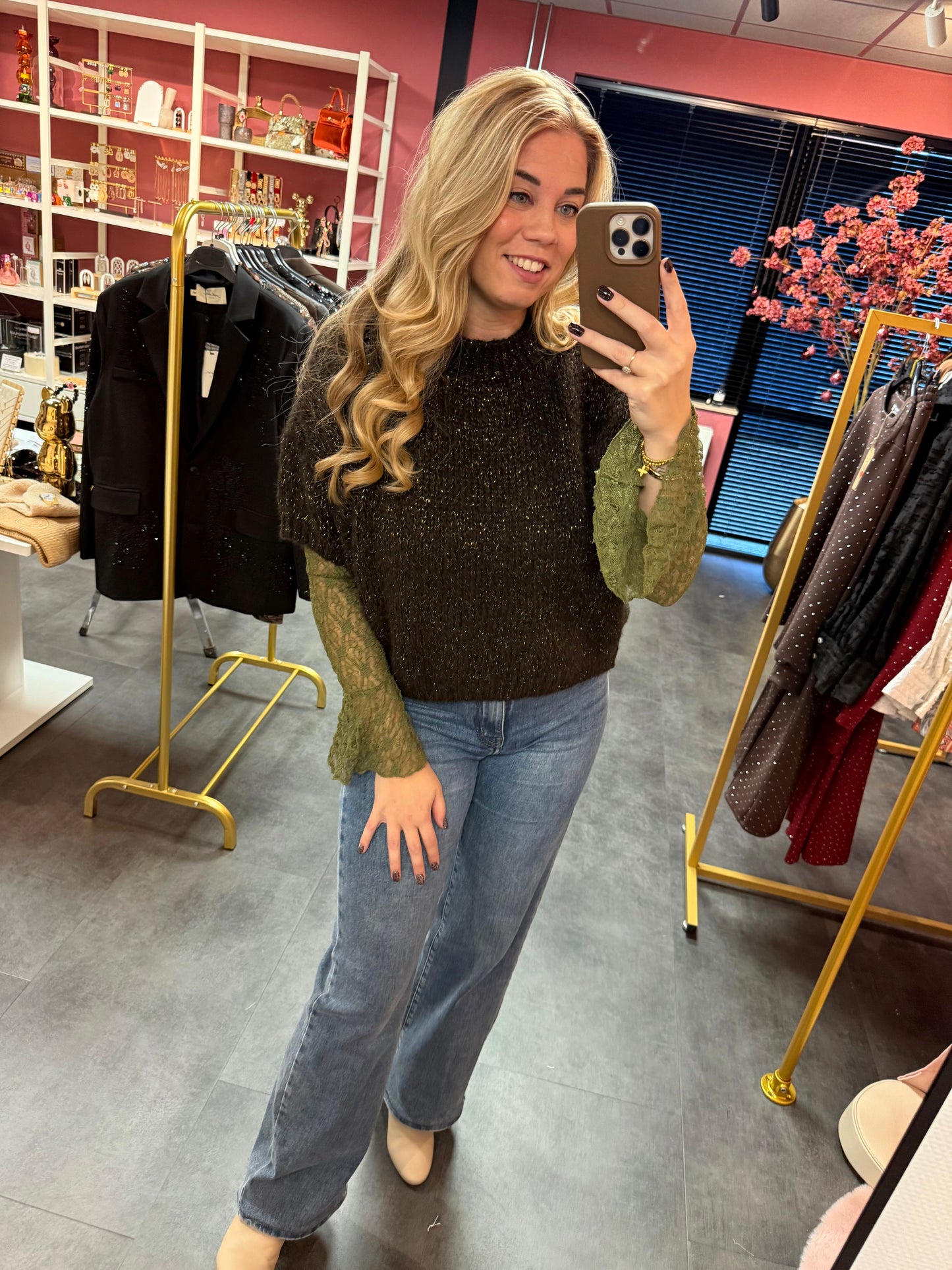 Gebreide trui Ambika glitter bruin