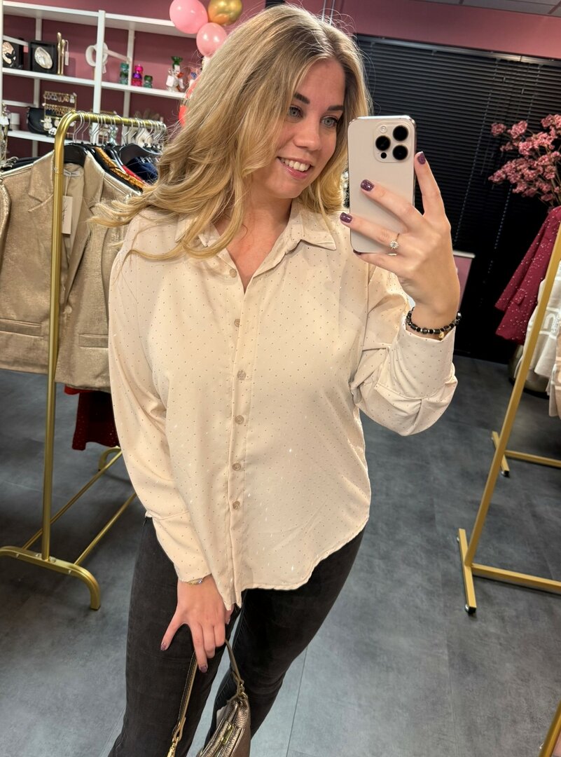 Blouse beige met strass steentjes