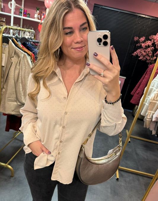 Blouse beige met strass steentjes
