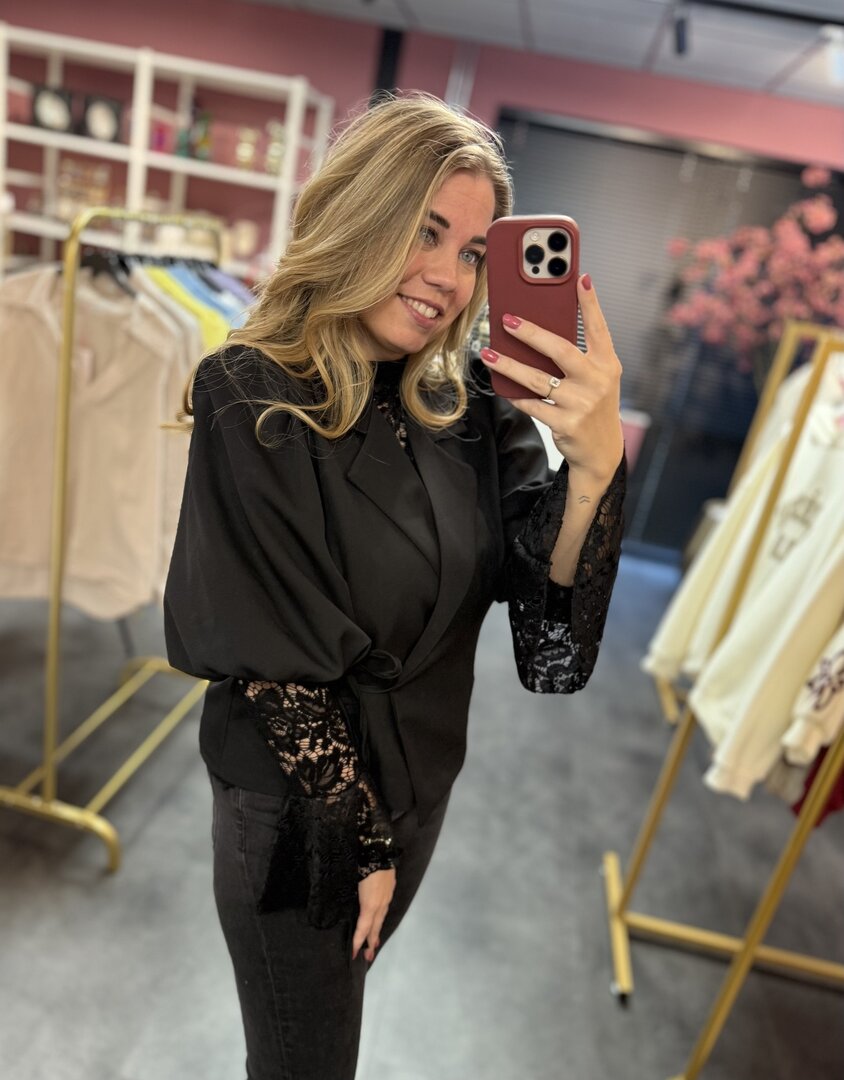 Korte wikkel blazer met pofmouw zwart