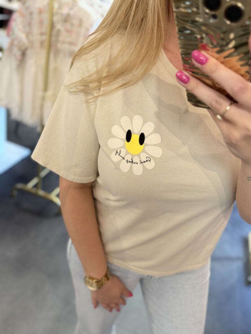 T shirt beige met een bloem opdruk