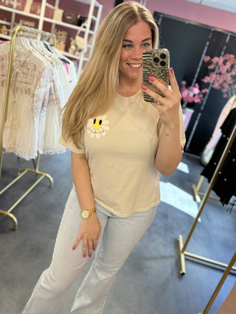 T shirt beige met een bloem opdruk