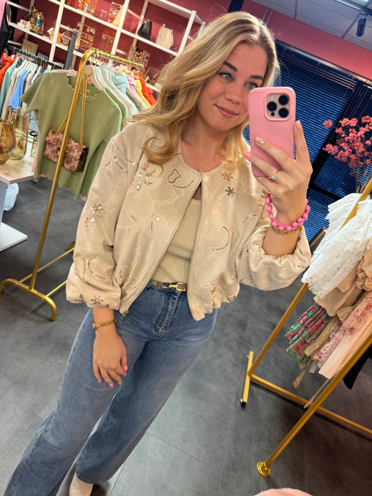 Beige Suède Look Jasje met Bloem Borduursels en Pailletten
