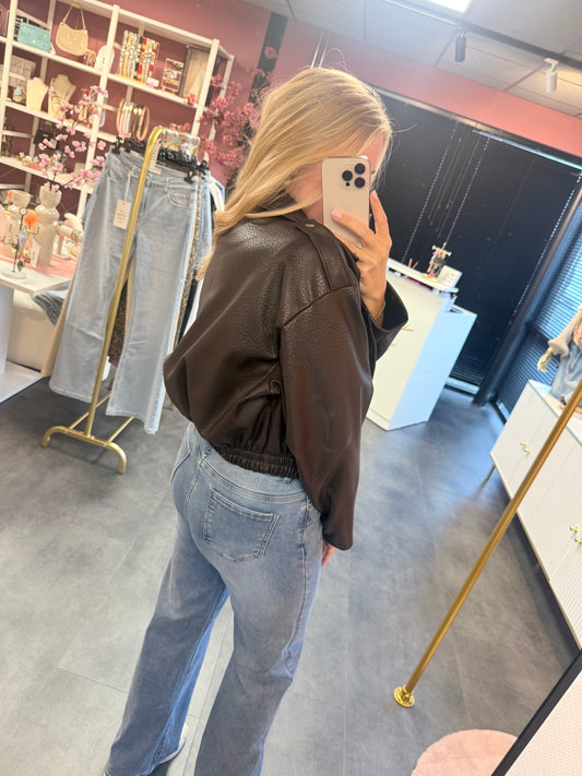 Leather look jas bruin
