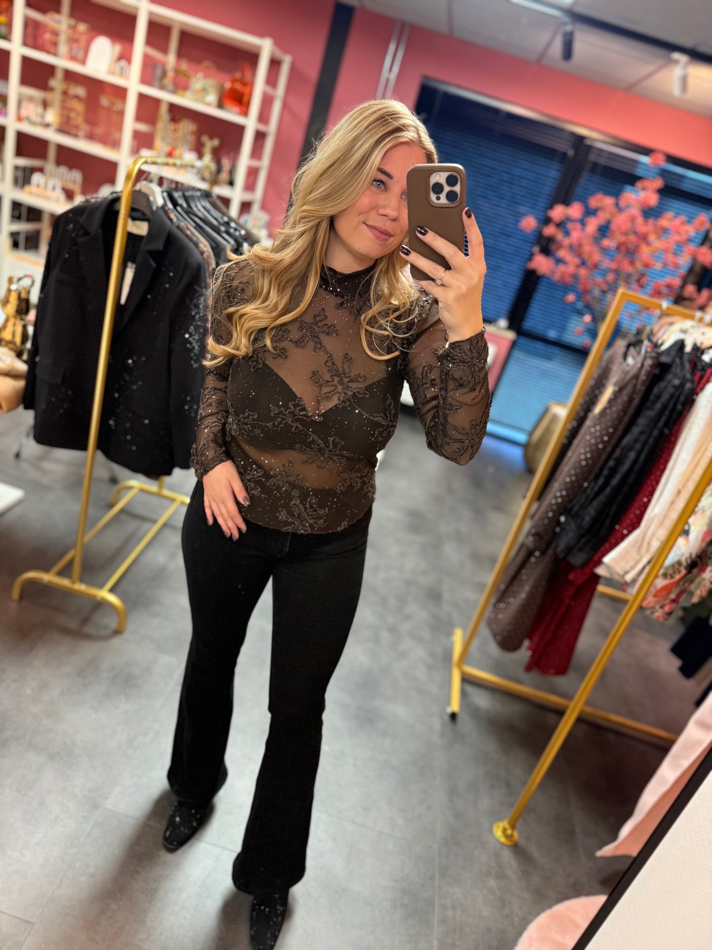 Glitter mesh top bruin