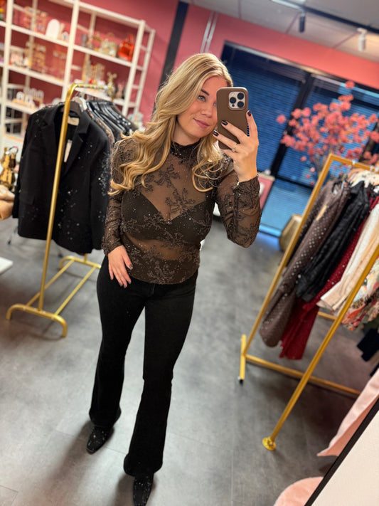 Glitter mesh top bruin