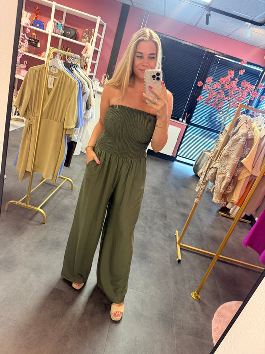 Strapless jumpsuit legergroen