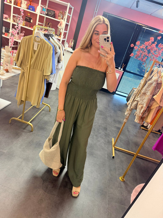 Strapless jumpsuit legergroen