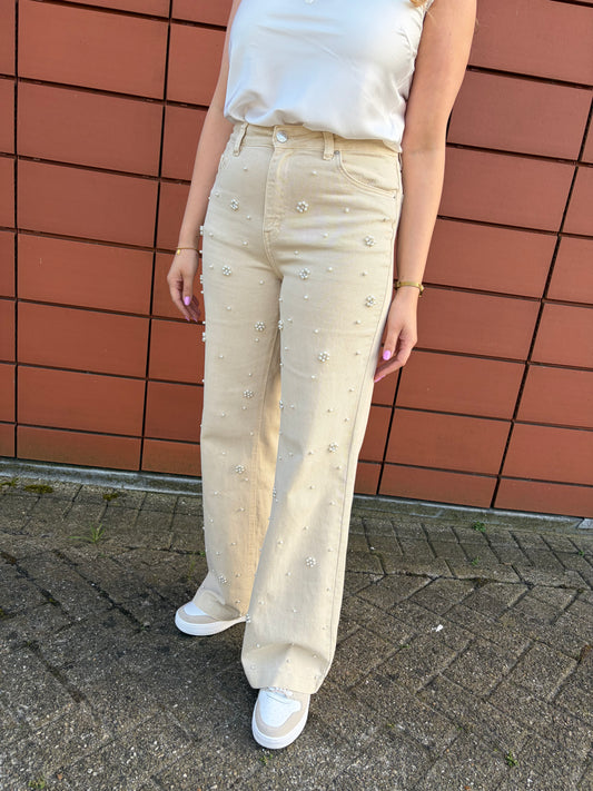 Beige jeans met parels
