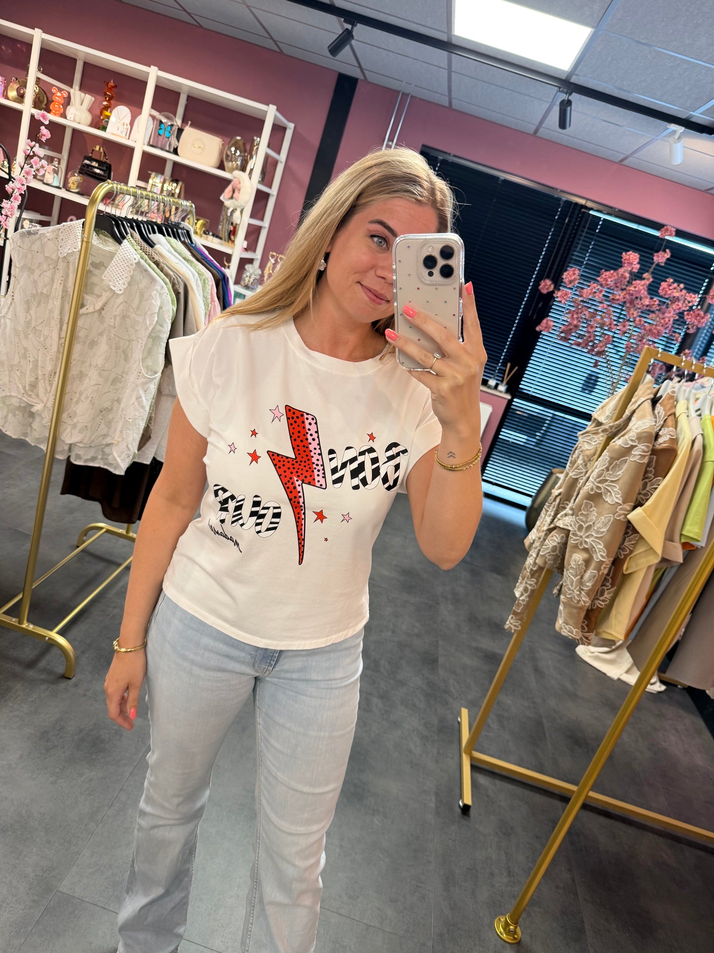 Wit shirt met print Bonjour madame