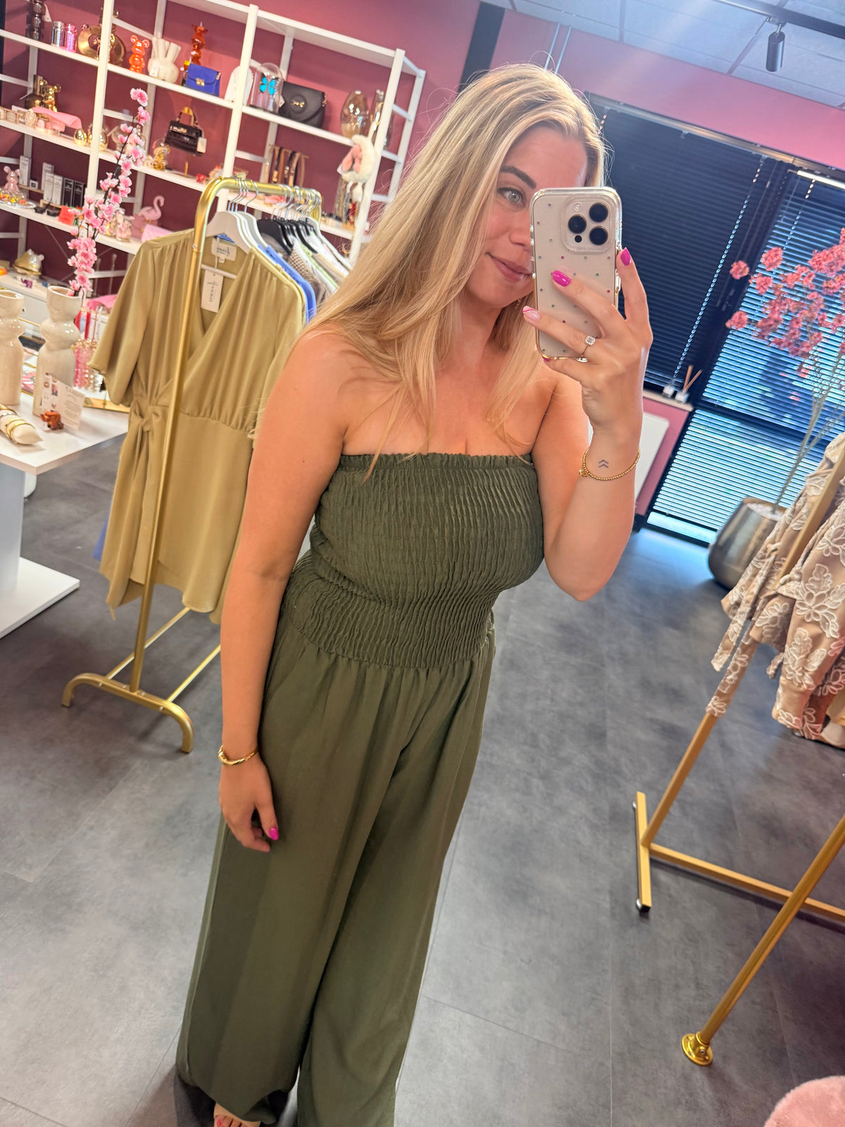 Strapless jumpsuit legergroen