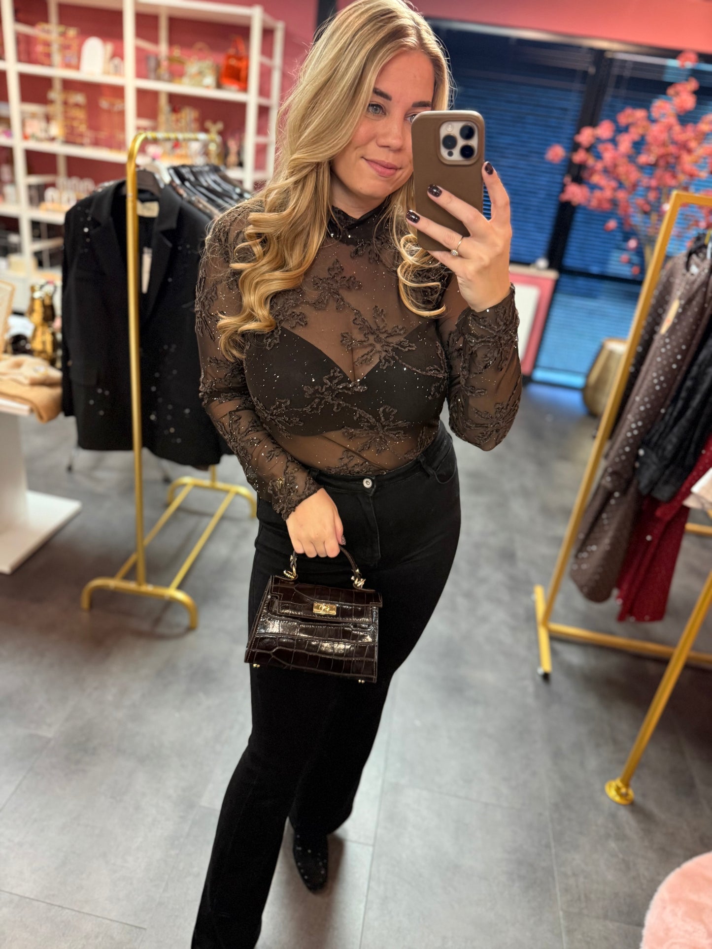 Glitter mesh top bruin