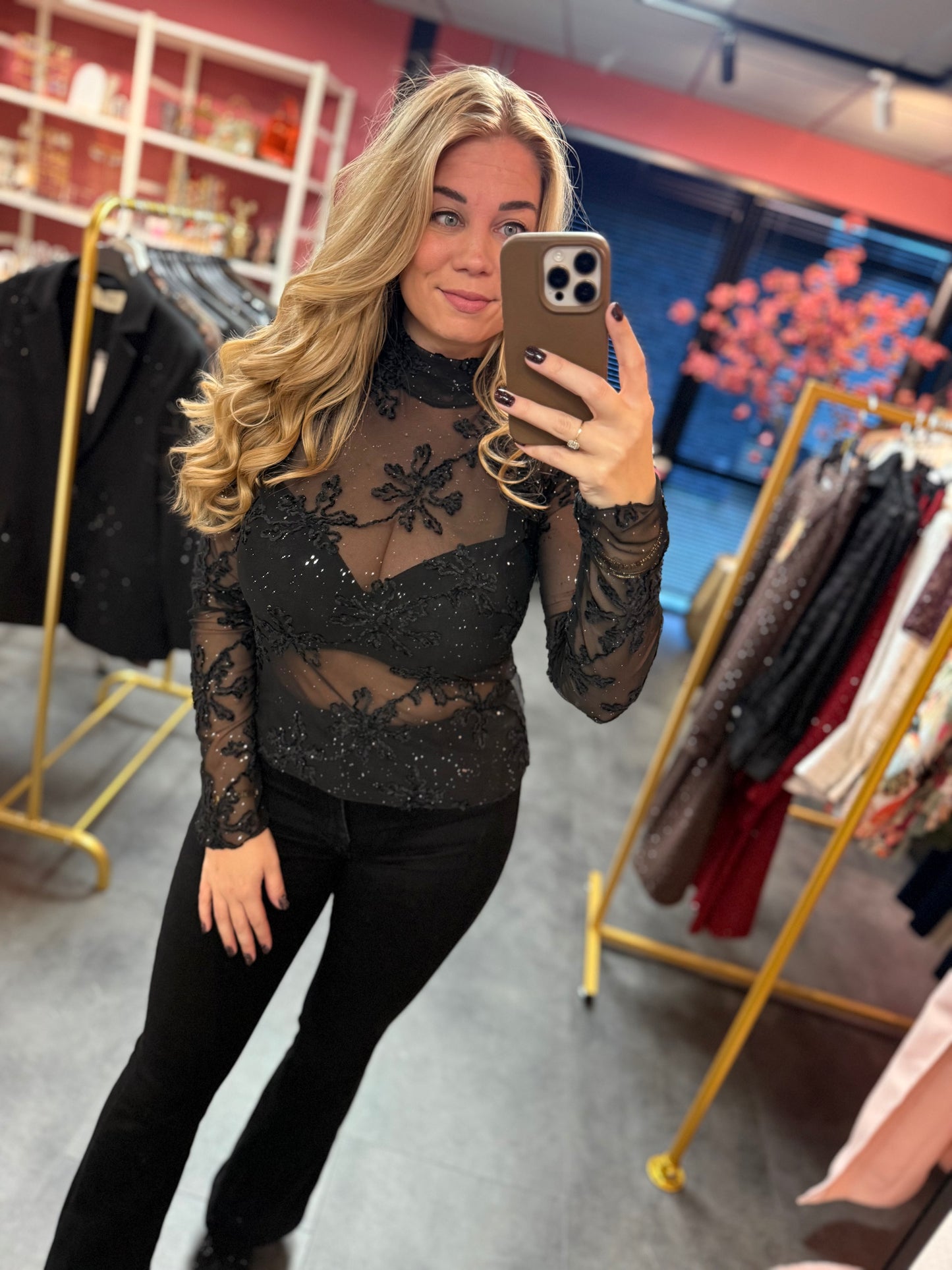 Glitter mesh top zwart