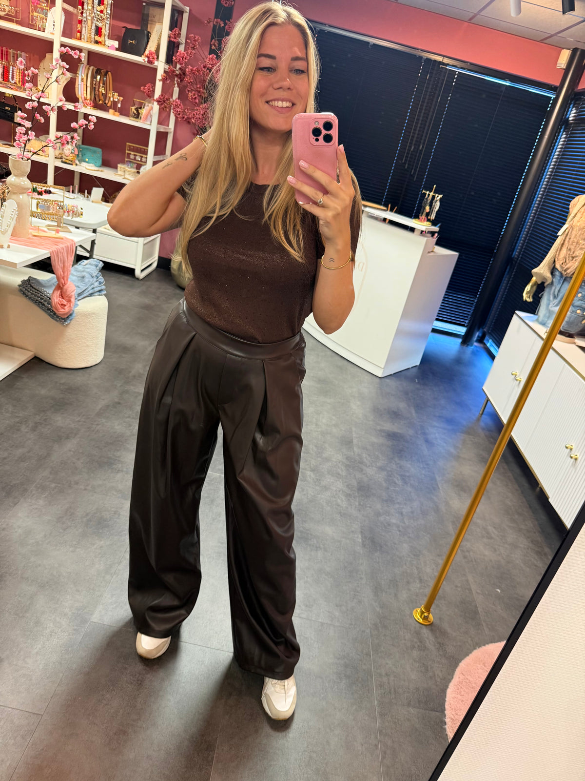 Leatherlook broek bruin