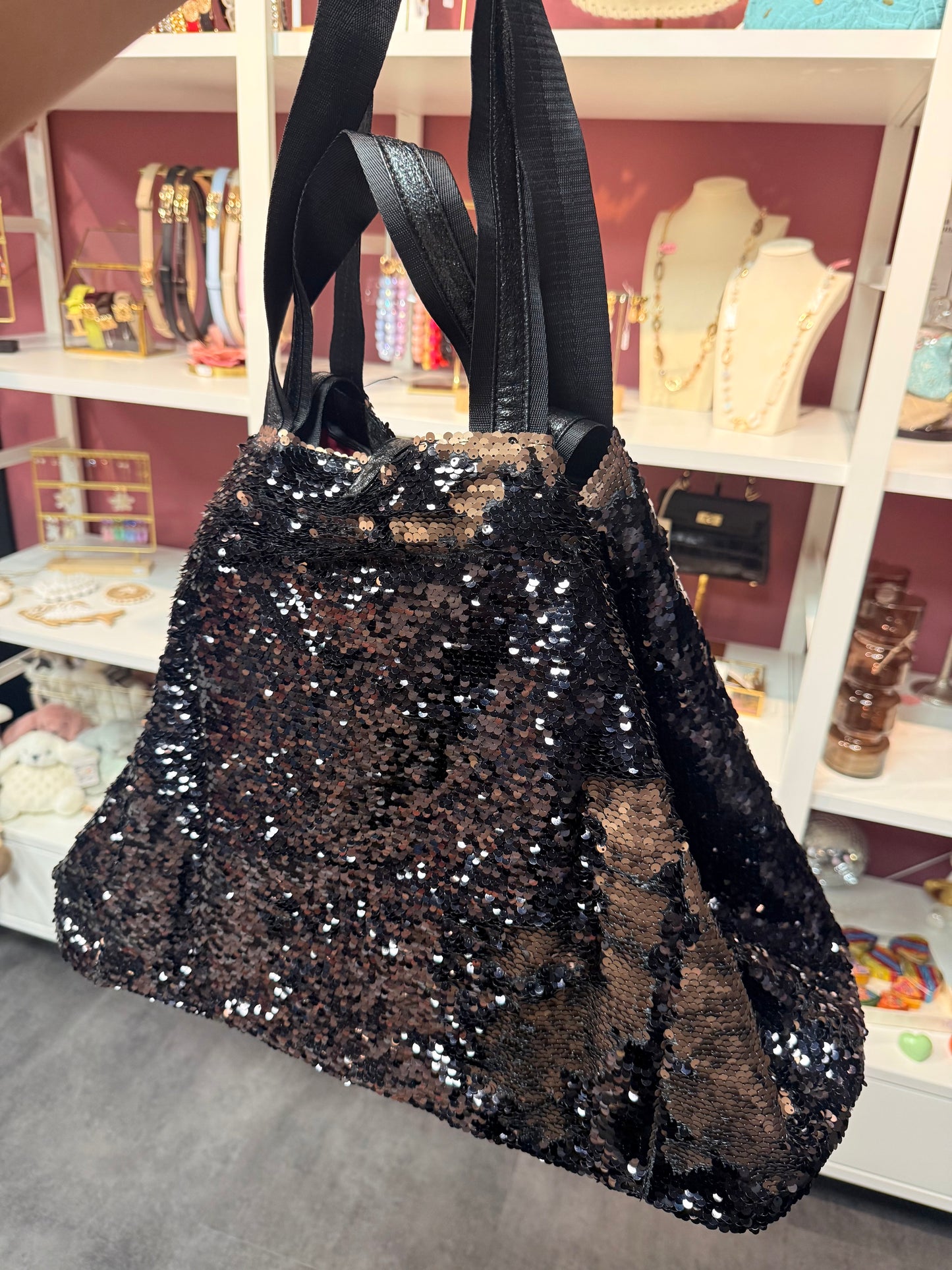 XL sequin Shopper zwart