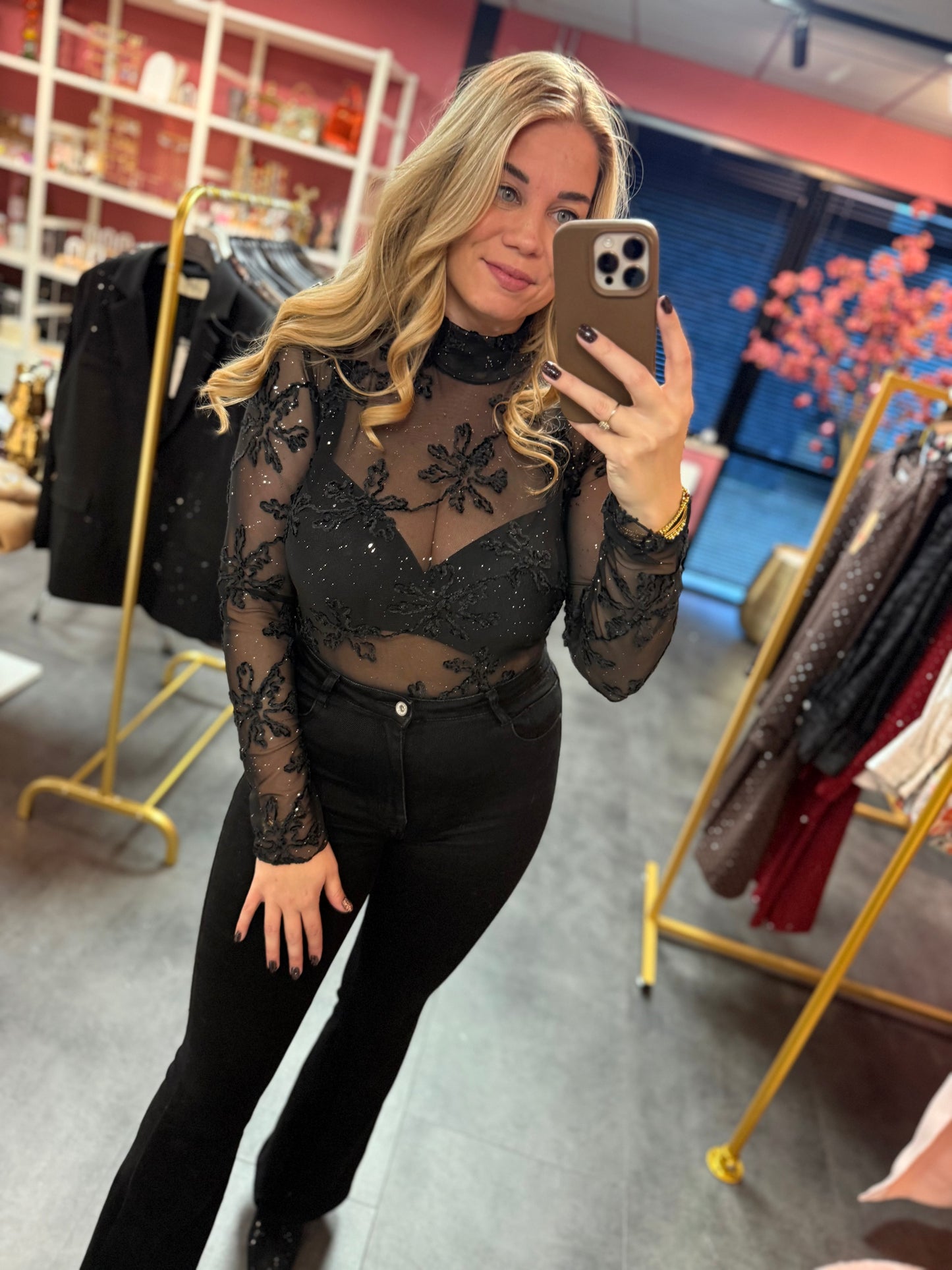 Glitter mesh top zwart