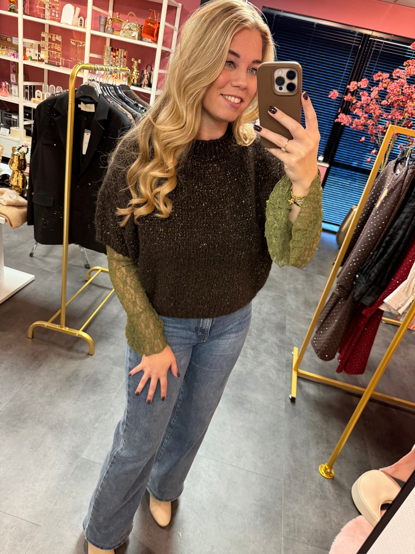 Gebreide trui Ambika glitter bruin