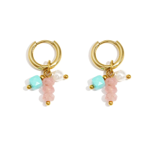 Oorbellen - Stainless steel goud met roze en blauwe kralen