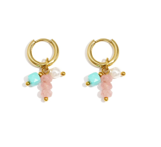 Oorbellen - Stainless steel goud met roze en blauwe kralen