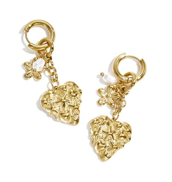 Oorbellen - Stainless steel goud met hart en bloem