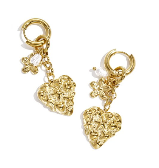Oorbellen - Stainless steel goud met hart en bloem