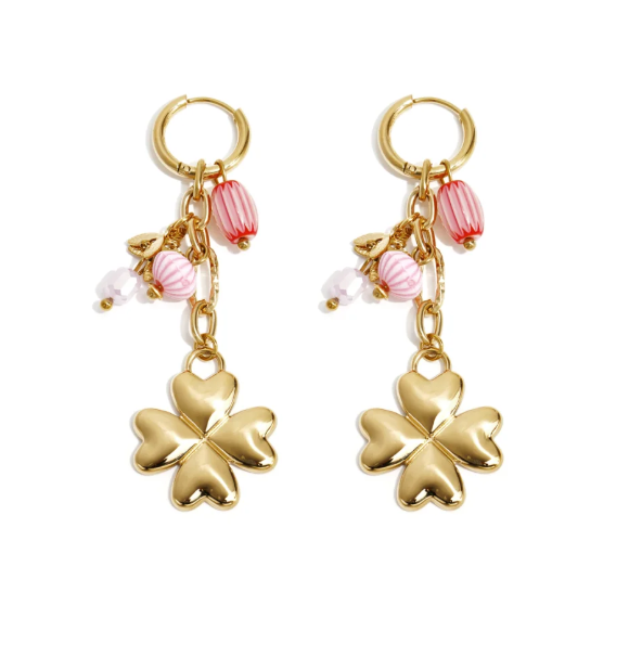 Oorbellen - Stainless steel goud met klaver en roze kralen