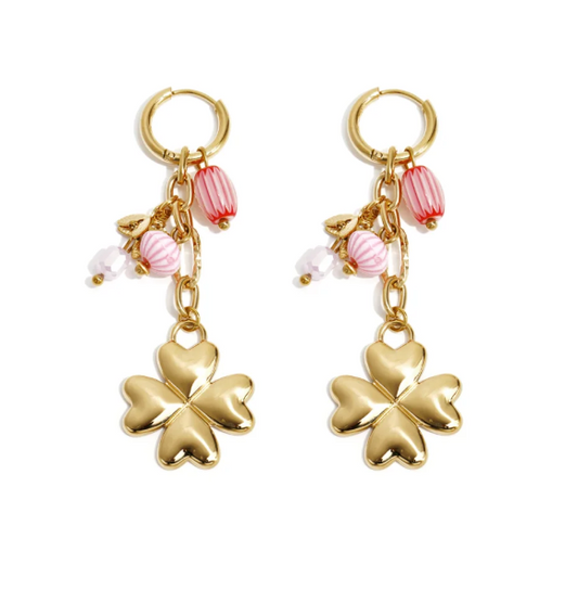Oorbellen - Stainless steel goud met klaver en roze kralen